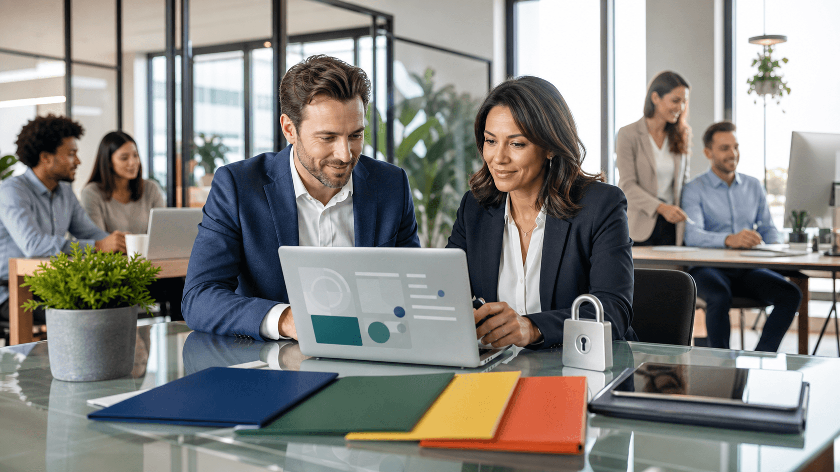 Founder at a desk weighs a glowing balance scale beside privacy documents in a blue-toned office.