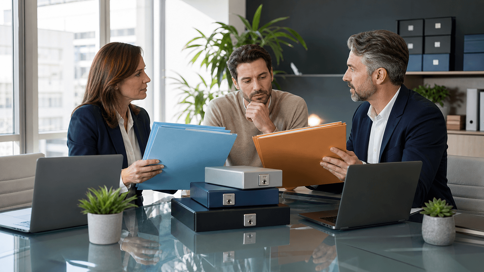 Split-screen illustration of a cloud dashboard and consultant at a desk, with blue and purple data graphics.