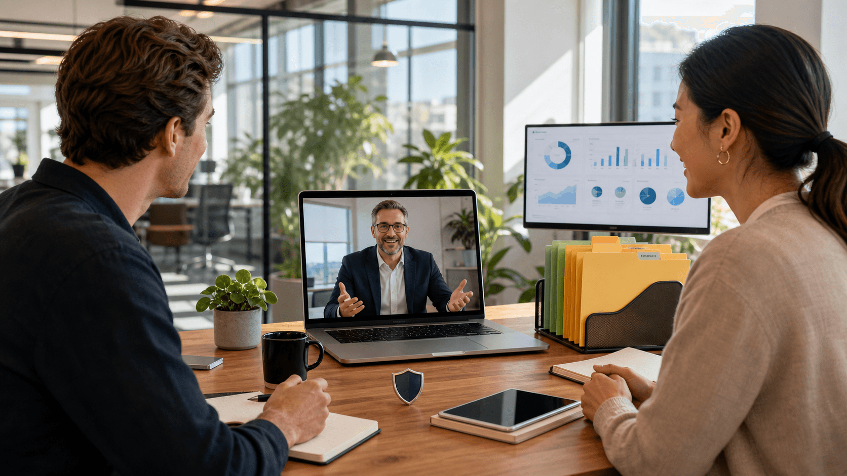 Blue-toned illustration of a cybersecurity dashboard with shield icons, charts, and a professional at a laptop.