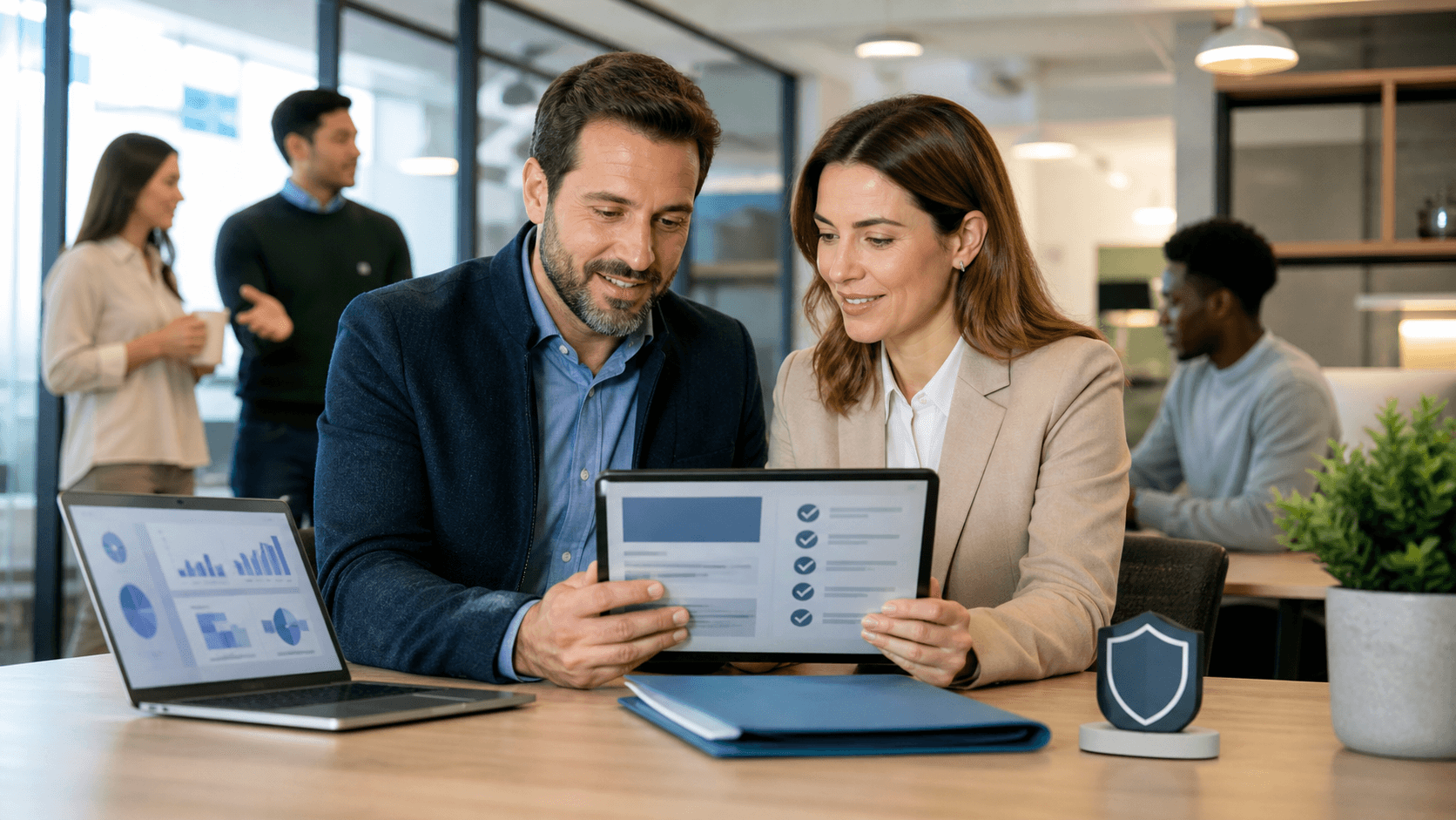 Blue-toned illustration of a startup team reviewing a security checklist on a large computer screen.