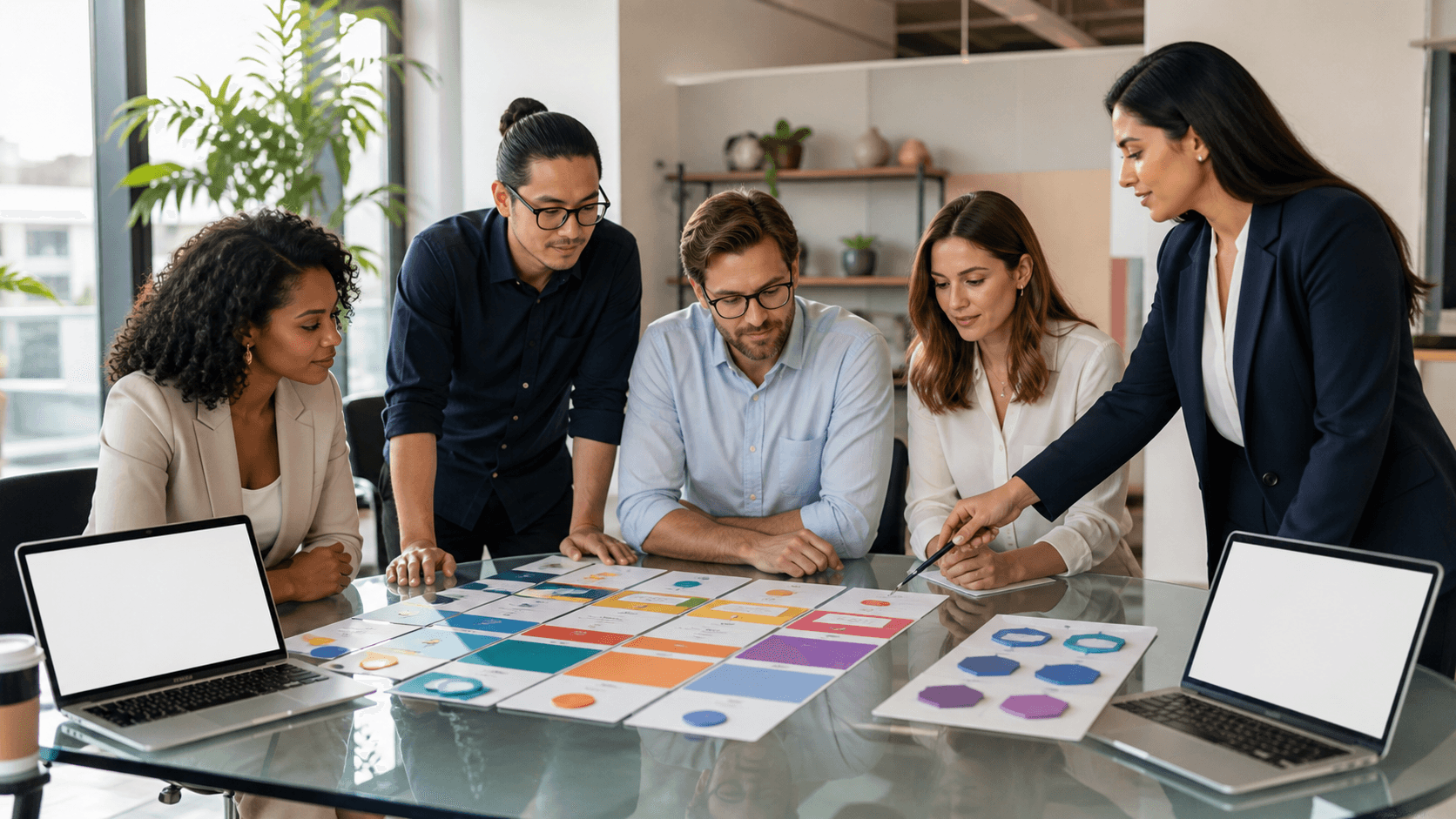Business professionals reviewing documents at a conference table with blue charts and warm office lighting.