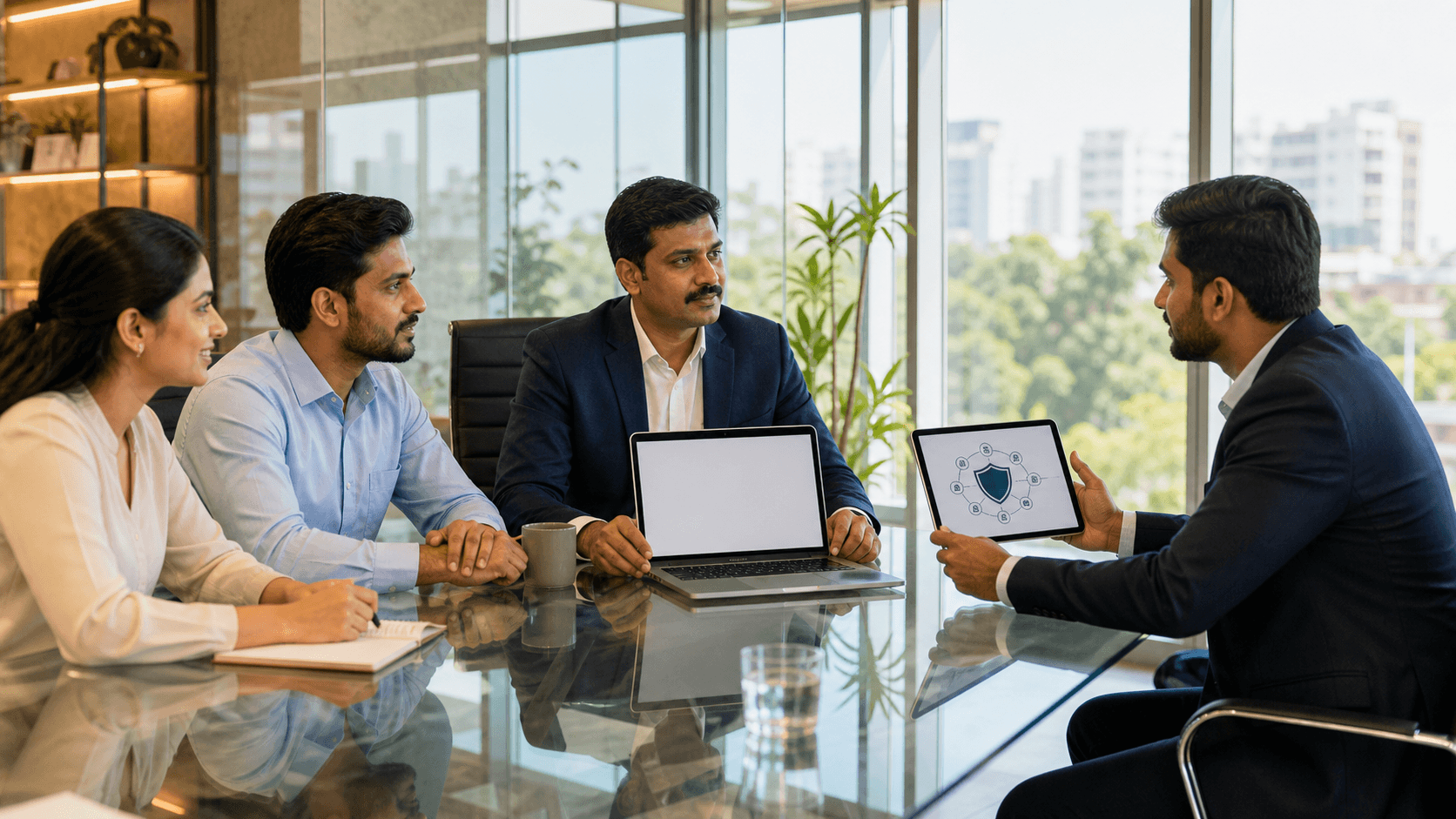 Split office scene with a Pune skyline, showing in-house team and external consultant reviewing ISO documents.