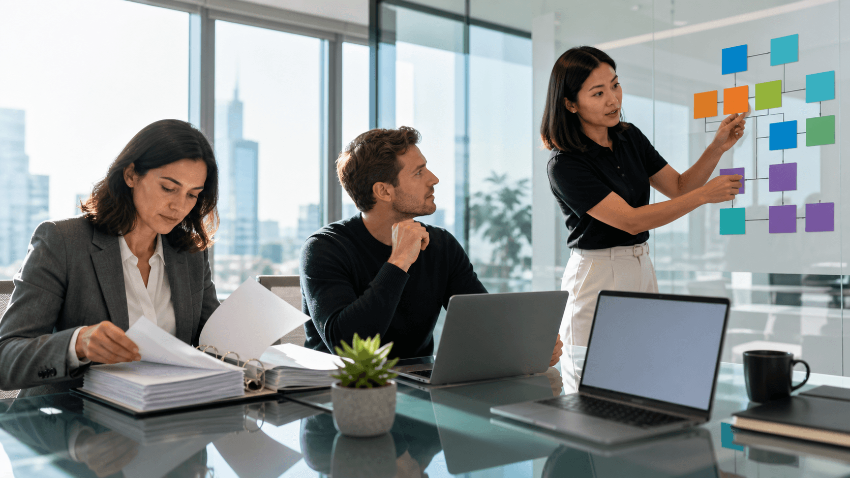 Split-screen illustration of two professionals reviewing security documents against a blue-purple tech background.