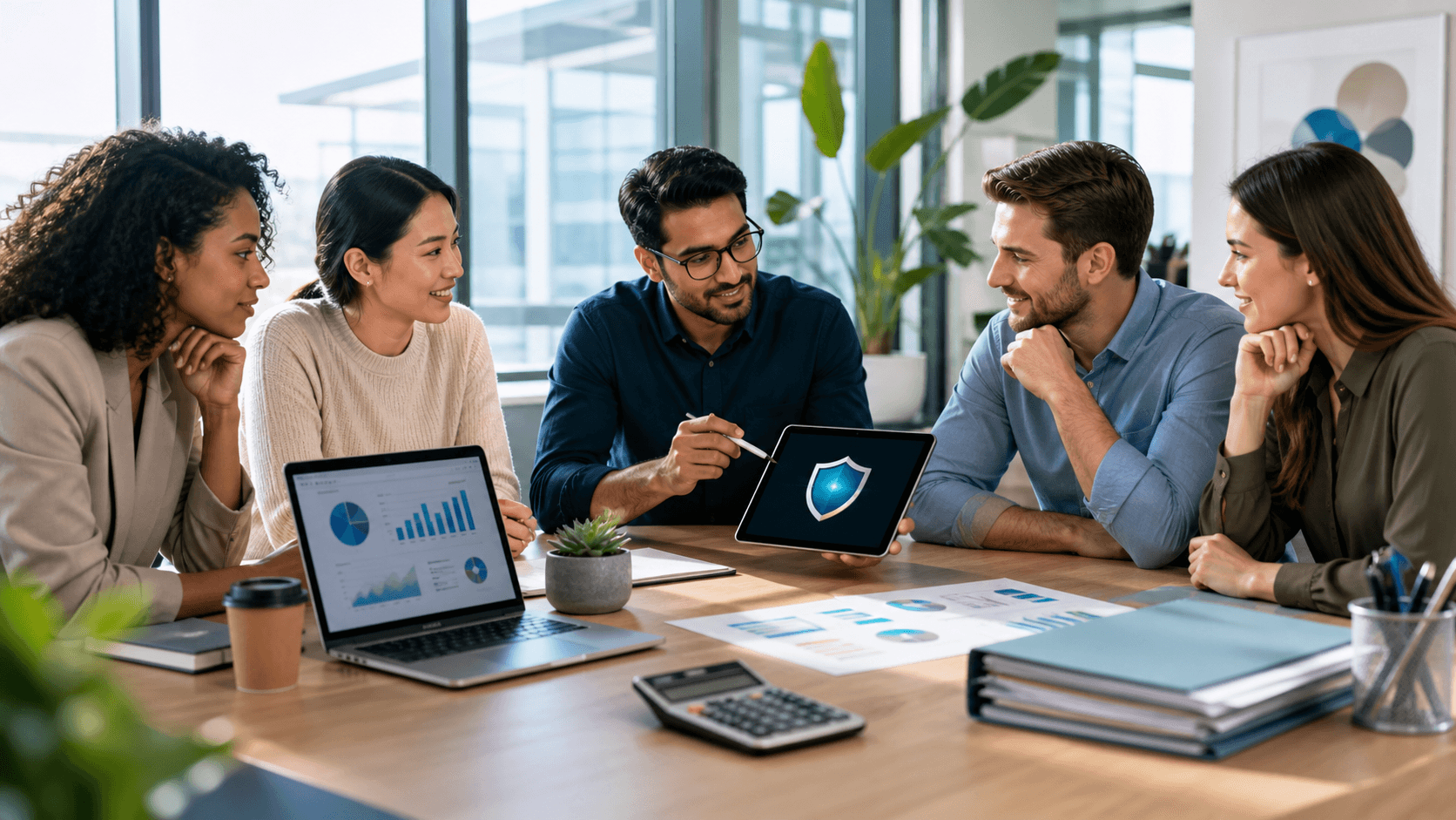 Blue and white startup workspace graphic with a shield icon, checklist, calculator, and small team silhouettes.