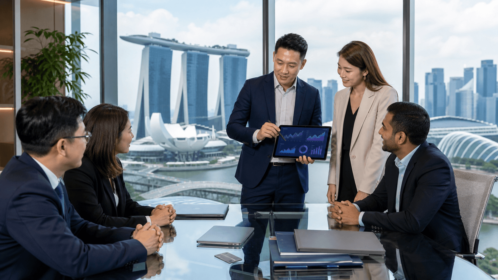 Blue fintech dashboard with glowing security shield, Singapore skyline, and floating data icons.