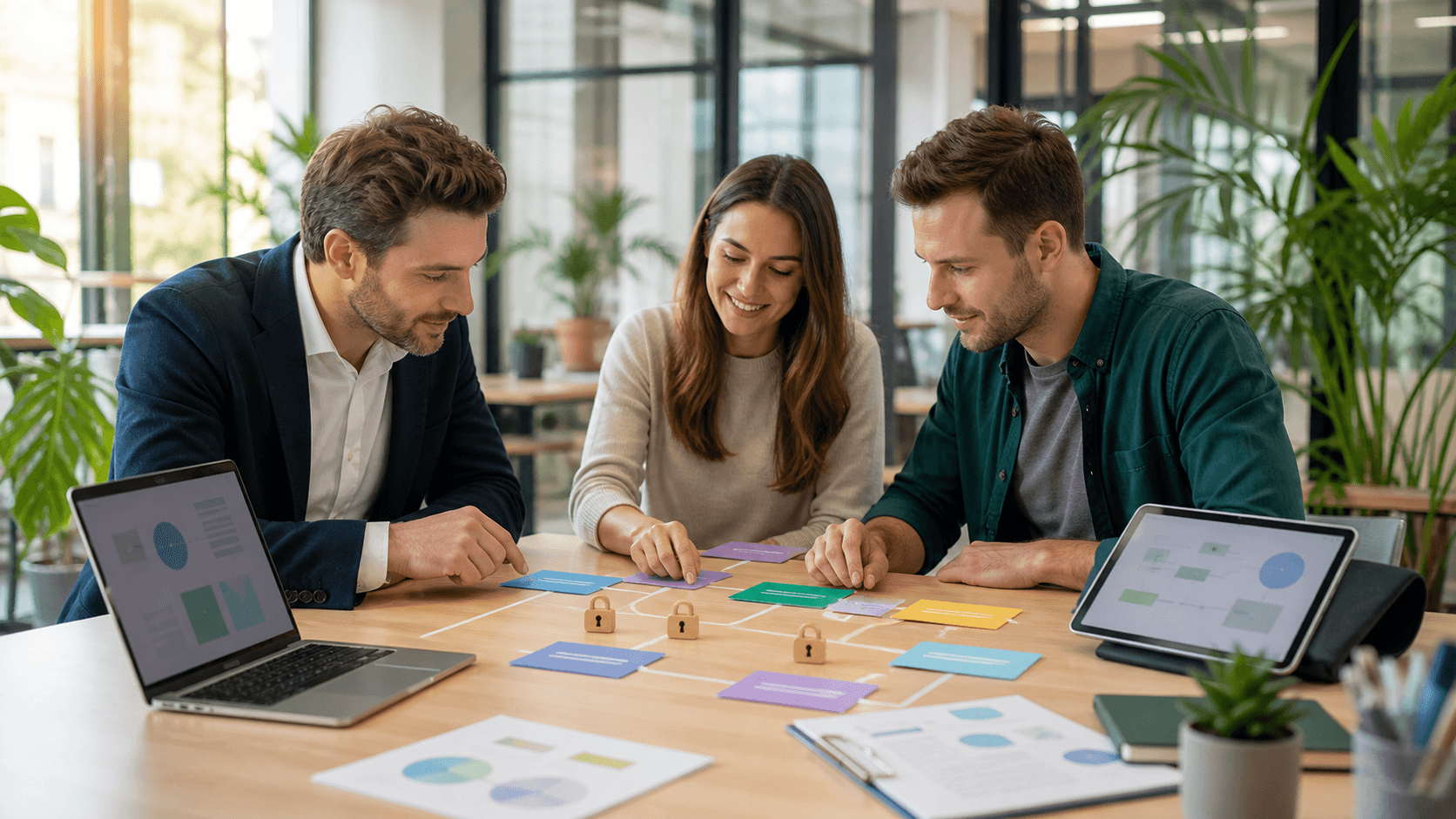 Minimalist blue and white illustration of a startup team reviewing a privacy shield on a laptop.