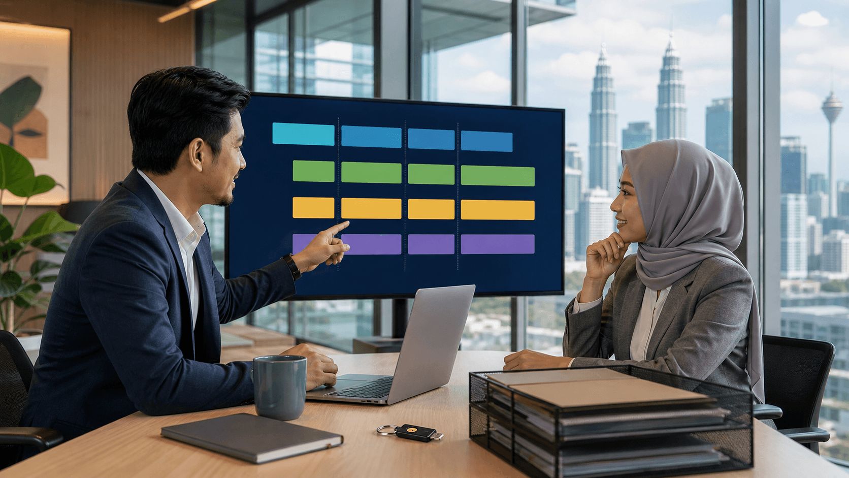 Blue-toned desk scene with laptop, checklist, calculator, and Malaysian flag accents under soft office lighting.