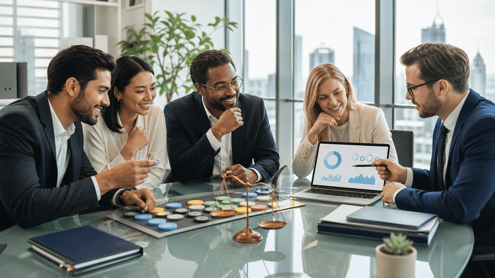 Blue-toned digital workspace with a laptop, euro symbols, shield icon, and glowing data charts.