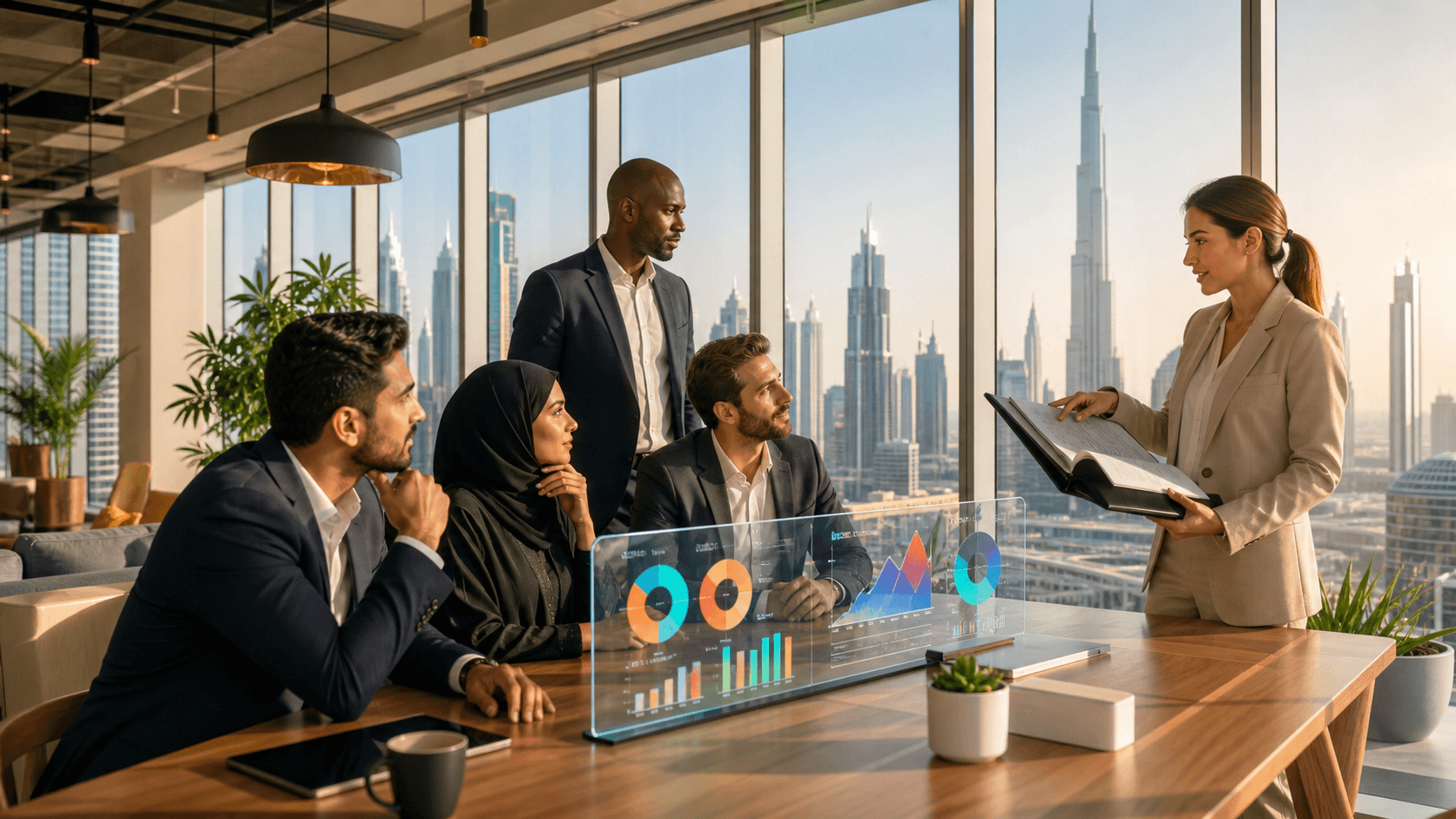Dubai skyline beside a glowing digital shield and lock icon over blue financial charts.