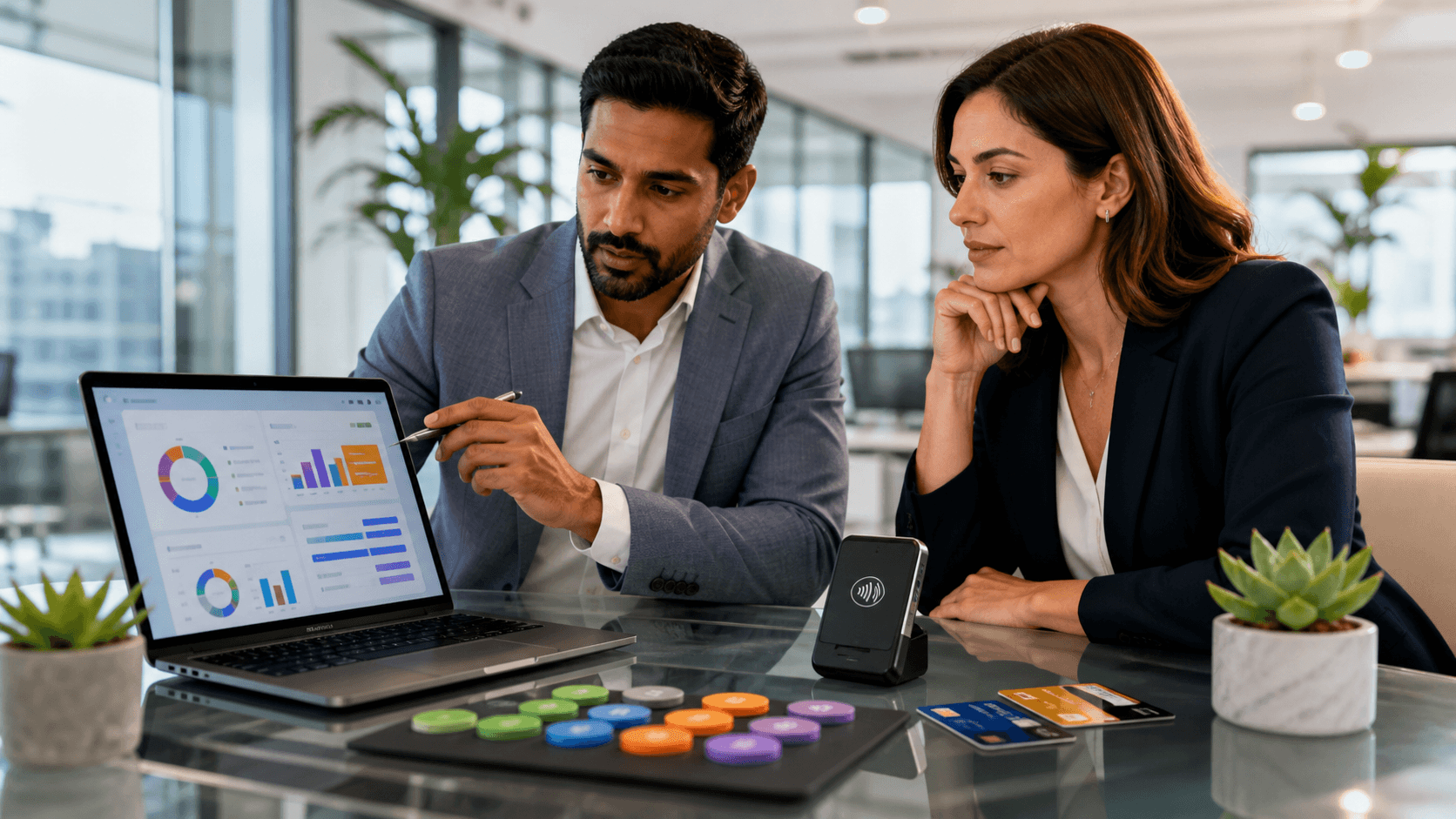 Glowing blue payment card beside stacked coins and a security shield on a dark fintech dashboard.